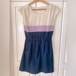 Tokyo Fashion Horizontal Stripe Navy Blue Lavender Cream Color Block Dress. XS